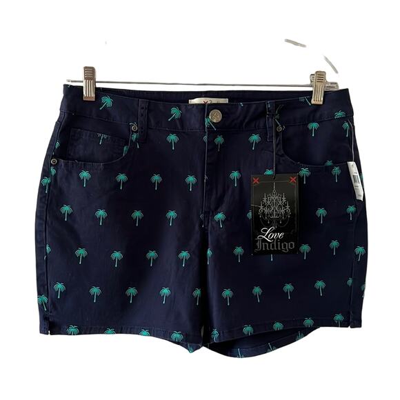 Love Indigo NWT Navy Blue Palm Tree Print Stretch Twill Shorts Woman Size 14 - Picture 1 of 9